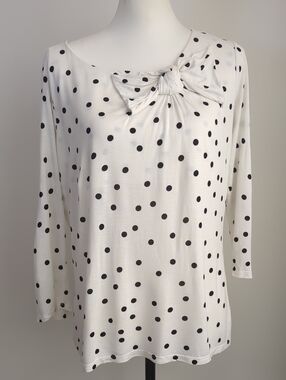 Elle Polka Dot Bow Shoulder Top White Black 3/4 Sleeve Blouse Retro Boho LARGE